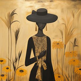 zomers en kleurrijk schilderij van een Afrikaanse vrouw in donkere klederdracht van Margriet Hulsker