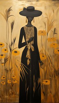 Peinture estivale et colorée d'une femme africaine en costume sombre sur Margriet Hulsker