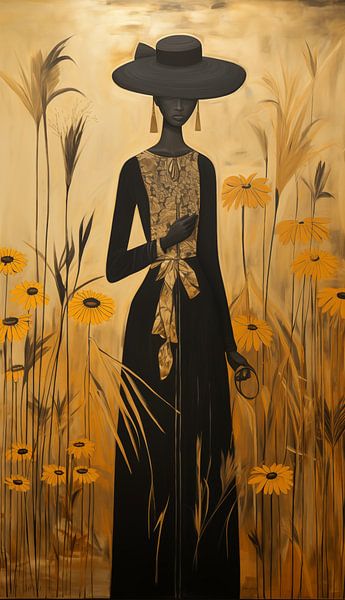 Sommerliches und farbenfrohes Gemälde einer Afrikanerin in dunkler Tracht von Margriet Hulsker