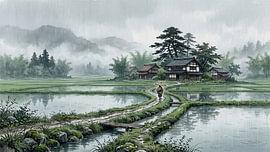 Quiet Rain Over Traditional Japanese Rice Fields by my pixel art