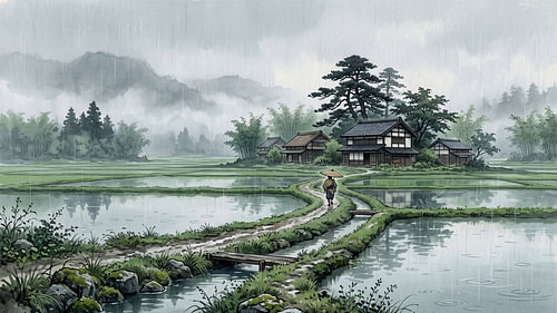 Quiet Rain Over Traditional Japanese Rice Fields