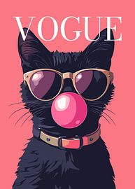 Black cat stylish wearing sunglasses blowing pink bubble gum vogue poster by Cross
