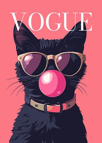 Black cat stylish wearing sunglasses blowing pink bubble gum vogue poster