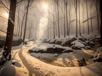 Silently snowy forest shaded by a winter sun