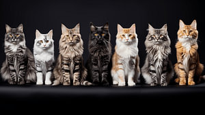 Collage-Set aus verschiedenen Katzen isoliert auf schwarzem Hintergrund