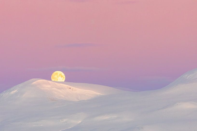 Rosa Sonnenaufgang und Monduntergang über verschneiten Berg von Martijn Smeets