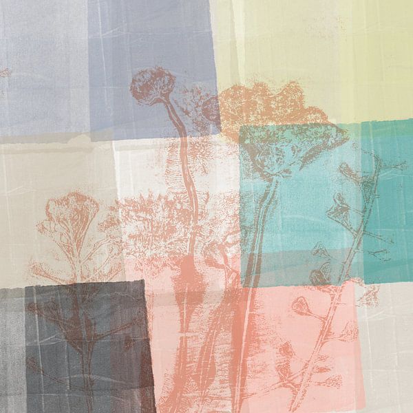 Moderne abstrakte botanische Kunst in Pastellfarben. Helles Terra, Mint, Gelb. von Dina Dankers