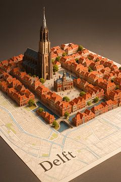 Delfter Marktplatz 3D Karte Kunst - Nieuwe Kerk Miniatur Poster von Travel Shop