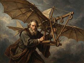 Peinture d'un homme barbu pilotant une machine volante avec des ailes sur Markus Gann