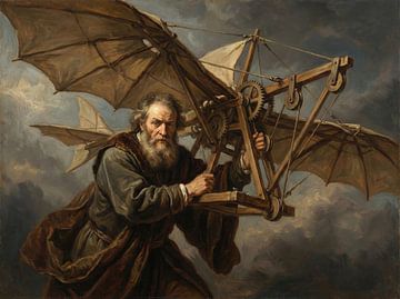 Gemälde eines bärtigen Mannes, der eine Flugmaschine mit Flügeln bedient von Markus Gann
