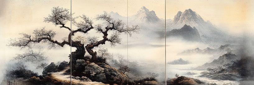 Alter Baum in einer bergigen Nebellandschaft Japandi-Panorama von Digitale Schilderijen