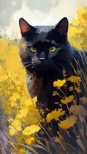 Schwarze Katze zwischen gelben Blumen