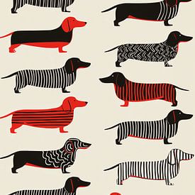 Gestreifte Dackel in Schwarz und Rot | Grafikkunst mit Humor von Lauren Wilde