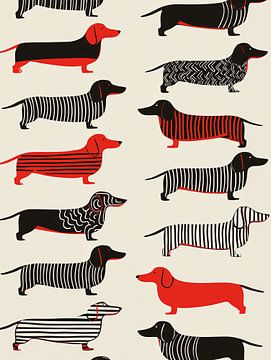 Gestreifte Dackel in Schwarz und Rot | Grafikkunst mit Humor von Lauren Wilde