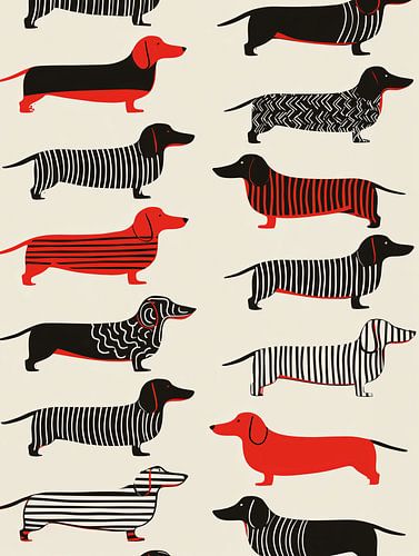 Gestreepte teckels in zwart en rood | Grafische kunst met humor