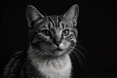 Zwart-wit foto van een kat met intense blik