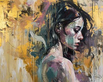 Femme sous une pluie d'or | Portrait abstrait sur Blikvanger Schilderijen