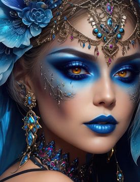 Extreme make up in blauw en brons kleuren.