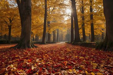 Herbstblätter und Sonnenstrahlen im Wald von De Muurdecoratie