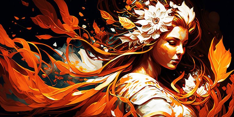 Schilderij Vrouw Herfst - Bladeren van Surreal Media