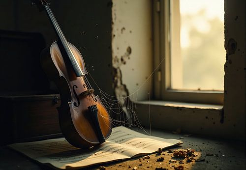 Viool en bladmuziek met spinnenweb door Window