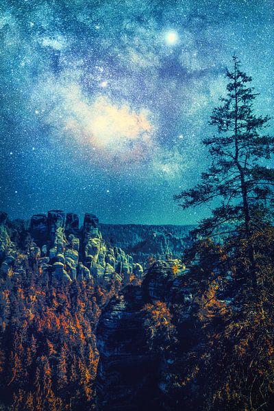 Bad Schandau Schrammsteine on the Elbe with starry sky by Jakob Baranowski - Photography - Video - Photoshop