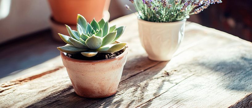 Helle Pflanzen auf Holztisch arrangiert von Poster Art Shop