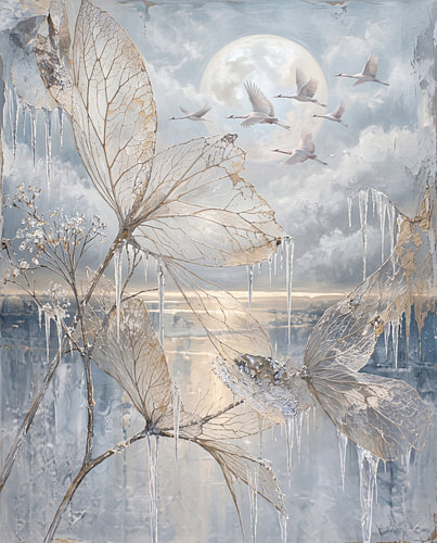Delicate winterbladeren met ijzel en kraanvogels