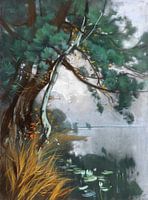 Uferlandschaft mit Kiefern und Seerosen (Schwielowsee), KARL HAGEMEISTER, Um 1900-1905