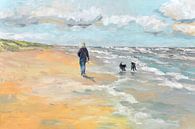 Strand wandelaar met hondjes van Yvon Schoorl thumbnail
