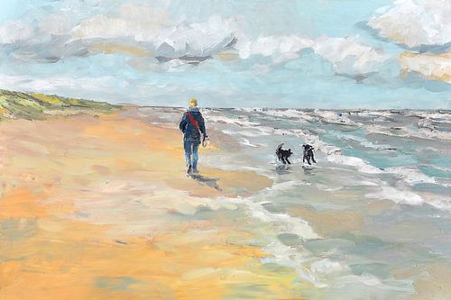 Strand wandelaar met hondjes