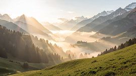 Goldene Sonnenstrahlen in einem nebligen Bergtal bei Sonnenaufgang von Markus Gann