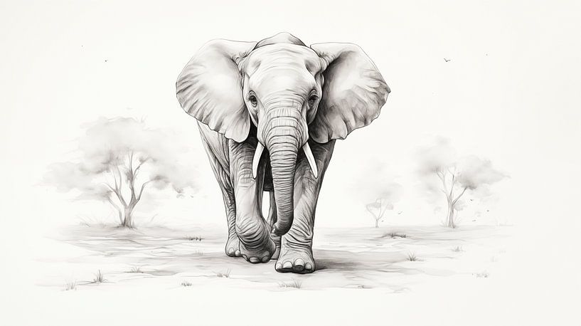 jeune dessin mignon d'éléphant, dessin au crayon d'éléphant dans le style vintage par Animaflora PicsStock