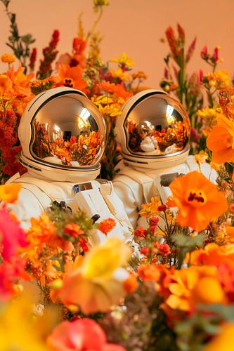 Astronauten in een zee van bloemen