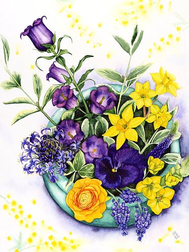 Frühlingsblumen blau gelb von Marriët de Visser