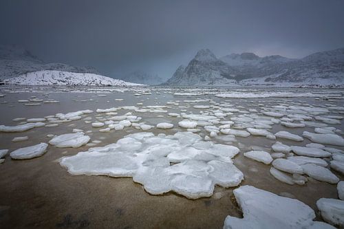 Winter landschap op de Lofoten met bevroren fjord en sneeuwbergen