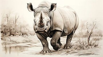 Federzeichnung eines Nashorns von Gelissen Artworks