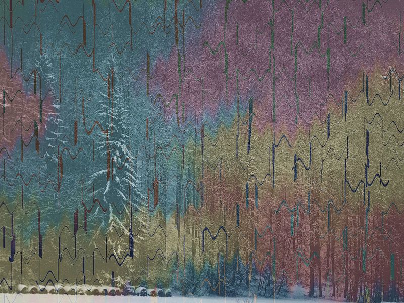 Bomen in de winter tegen een geometrische, kleurrijke achtergrond van art559