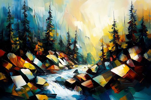 Abstract - Kleurig bos en heuvels met stroomversnelling