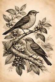 Antike botanische Zeichnung mit Vögeln und Schmetterlingen von MARTINA KUSUMA DEWI