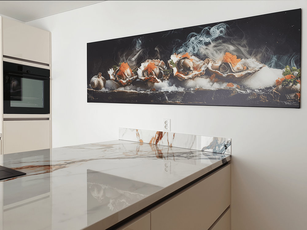 Oysters on a holding board food photography panorama, by Digitale Schilderijen