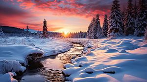 Zonsondergang over de rivier in het winterlandschap van Animaflora PicsStock