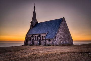 Notre Dame chapel in Etretat at sunset