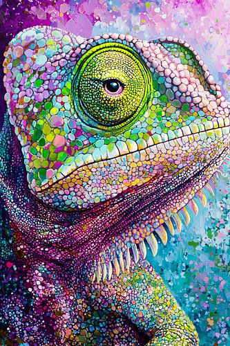 Kleurrijke kameleon close-up schilderij