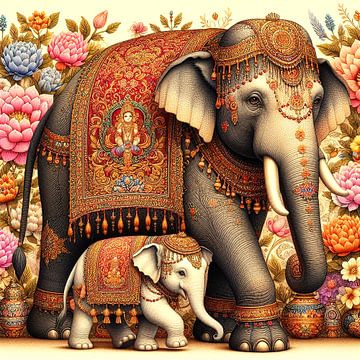 Indian art, Elephant with calf and Buddha by Wilfried van Dokkumburg
