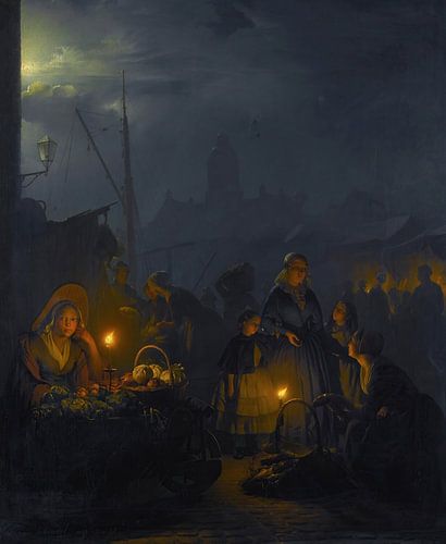 Dutch market by moonlight, Petrus van Schendel