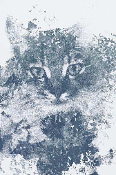 poezenkop in grijs blauwe kleur - getekend portret van een kat