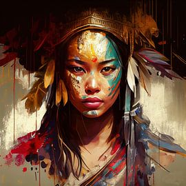 Ritual Mask Asian Warrior Woman Portrait by Chromatic Fusion Studio