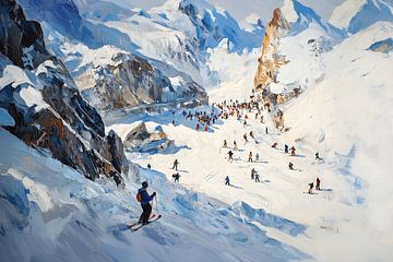 Skiërs in een levendig Alpenpanorama van NJ Midnight Studio