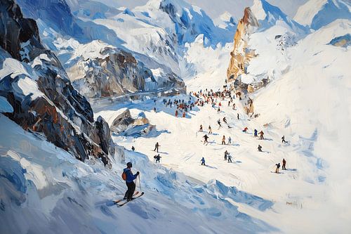 Skiërs in een levendig Alpenpanorama van NJ Midnight Studio